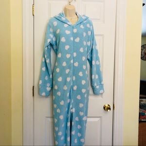 Women’s Footie Pajamas Hoodie XL Blue White Hearts